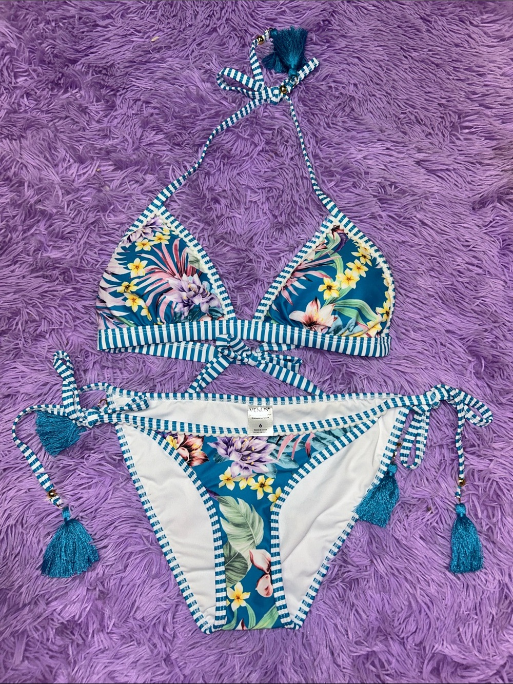 VENUS Teal Floral Stripe Tie-Side Bikini